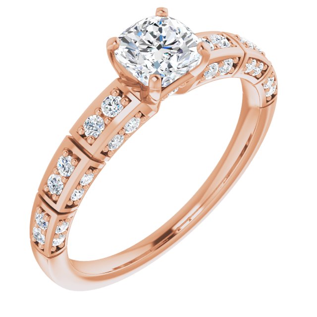 10K Rose Gold Customizable Cushion Cut Style with Three-sided, Segmented Shared Prong Band