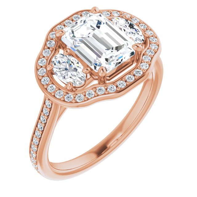 Cubic Zirconia Engagement Ring- The Dulce (Customizable Emerald Cut Style with Oval Cut Accents, 3-stone Halo & Thin Shared Prong Band)