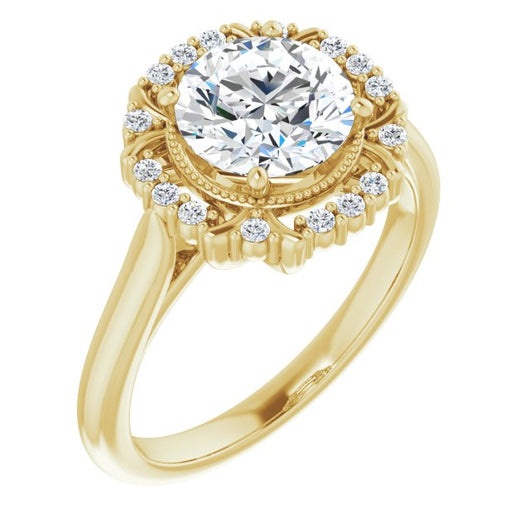 10K Yellow Gold Customizable Round Cut Design with Majestic Crown Halo and Raised Illusion Setting