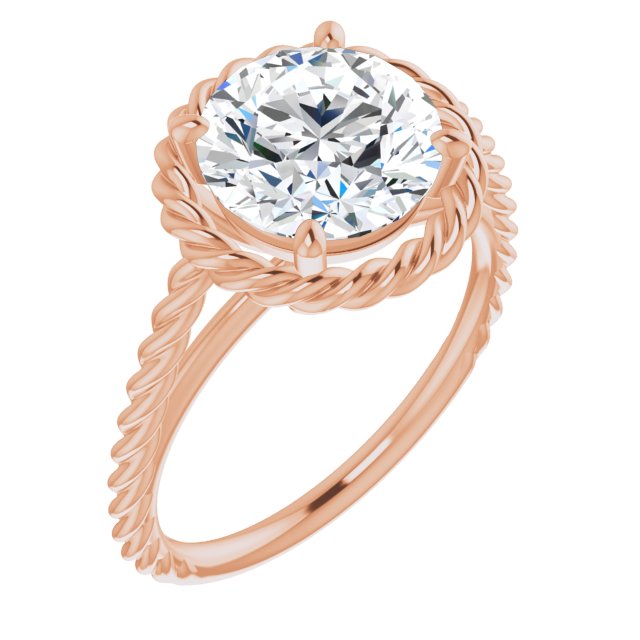 14K Rose Gold Customizable Cathedral-set Round Cut Solitaire with Thin Rope-Twist Band