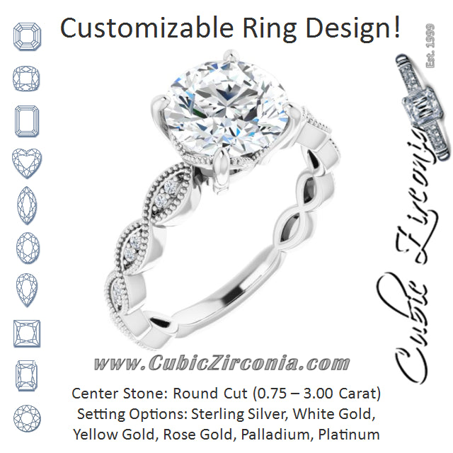 Cubic Zirconia Engagement Ring- The Shanice (Customizable Round Cut Artisan Design with Scalloped, Round-Accented Band and Milgrain Detail)