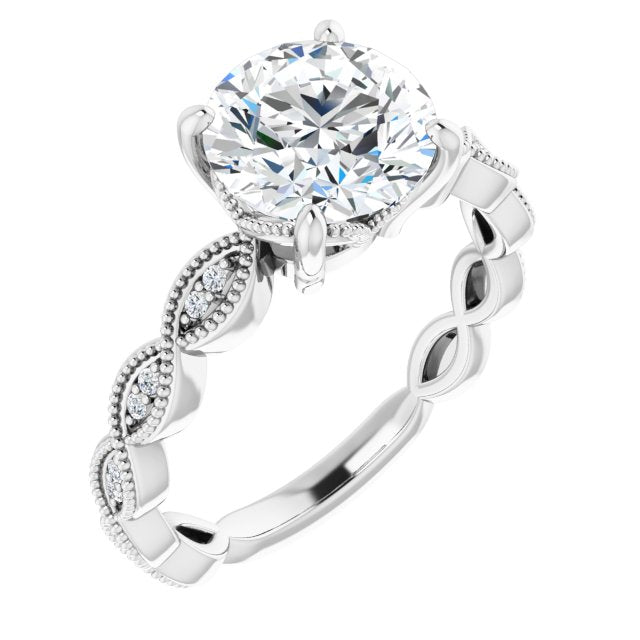 Cubic Zirconia Engagement Ring- The Shanice (Customizable Round Cut Artisan Design with Scalloped, Round-Accented Band and Milgrain Detail)