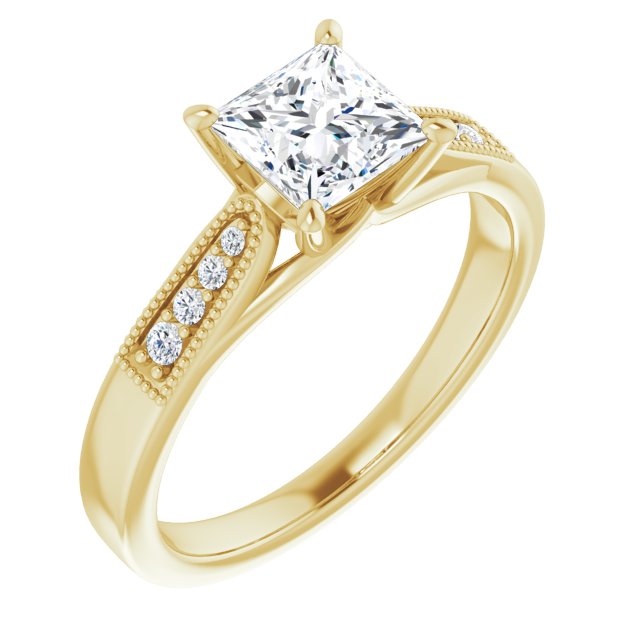 10K Yellow Gold Customizable 9-stone Vintage Design with Princess/Square Cut Center and Round Band Accents