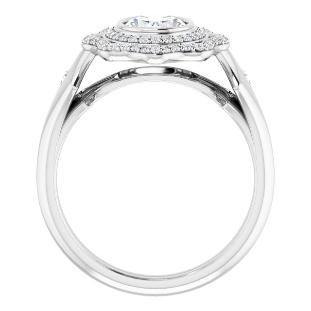 Cubic Zirconia Engagement Ring- The Cyra (Customizable Cathedral-bezel Oval Cut Design with Floral Double Halo and Channel-Accented Split Band)