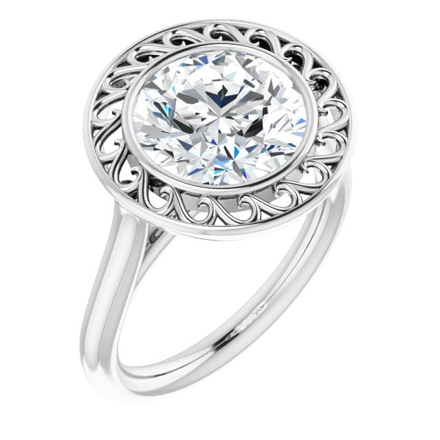10K White Gold Customizable Cathedral-Bezel Style Round Cut Solitaire with Flowery Filigree