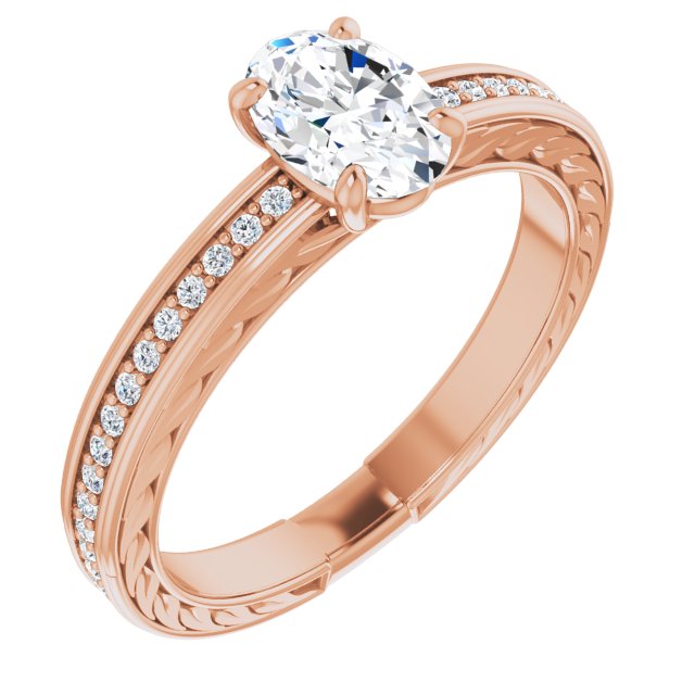 10K Rose Gold Customizable Oval Cut Design with Rope-Filigree Hammered Inlay & Round Channel Accents