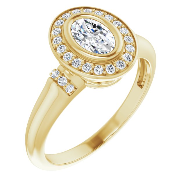 10K Yellow Gold Customizable Bezel-set Oval Cut Design with Halo and Vertical Round Channel Accents