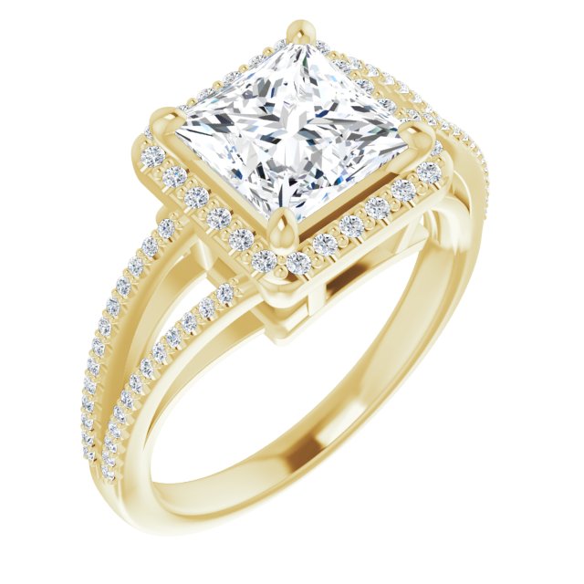 10K Yellow Gold Customizable Princess/Square Cut Vintage Design with Halo Style and Asymmetrical Split-Pavé Band