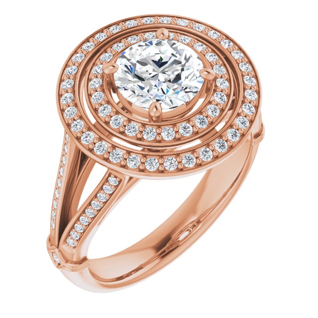 10K Rose Gold Customizable Cathedral-set Round Cut Design with Double Halo, Wide Split-Shared Prong Band and Side Knuckle Accents