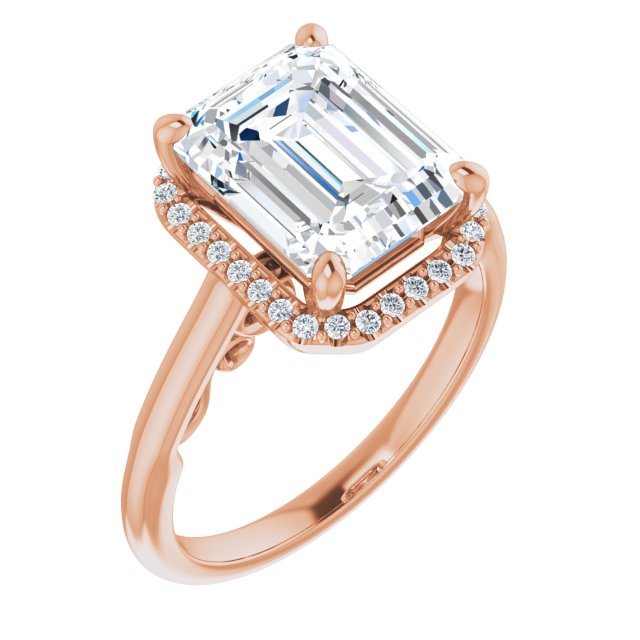10K Rose Gold Customizable Cathedral-Halo Emerald/Radiant Cut Style featuring Sculptural Trellis