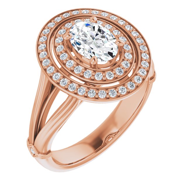 10K Rose Gold Customizable Cathedral-set Oval Cut Design with Double Halo, Wide Split Band and Side Knuckle Accents