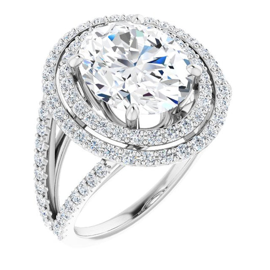10K White Gold Customizable Oval Cut Design with Double Halo and Wide Split-Pavé Band