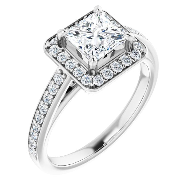10K White Gold Customizable Princess/Square Cut Style with Halo and Sculptural Trellis
