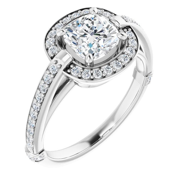 10K White Gold Customizable High-Cathedral Cushion Cut Design with Halo and Shared Prong Band