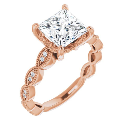 10K Rose Gold Customizable Princess/Square Cut Artisan Design with Scalloped, Round-Accented Band and Milgrain Detail