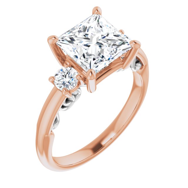 14K Rose & White Gold Customizable Princess/Square Cut 3-stone Style featuring Heart-Motif Band Enhancement