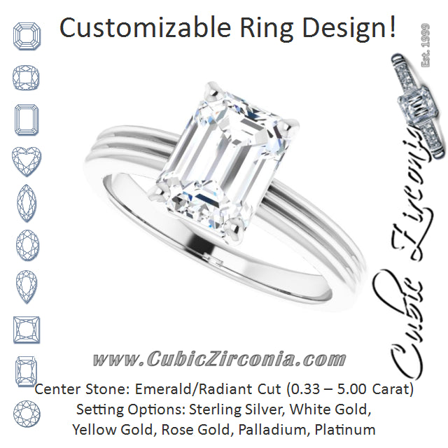 Cubic Zirconia Engagement Ring- The Davina (Customizable Emerald Cut Solitaire with Double-Grooved Band)