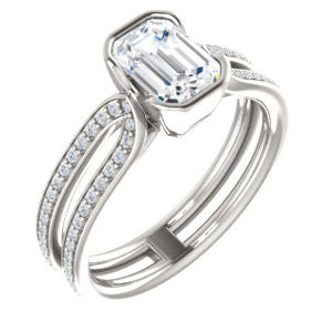 Cubic Zirconia Engagement Ring- The Mariela (Customizable Cathedral-Bezel Emerald Cut Style with Wide Straight Split-Pavé Band)