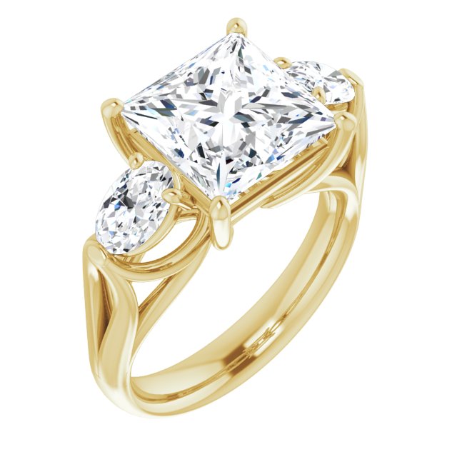 10K Yellow Gold Customizable Cathedral-set 3-stone Princess/Square Cut Style with Dual Oval Cut Accents & Wide Split Band