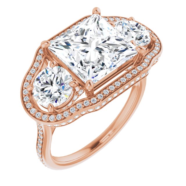 10K Rose Gold Customizable 3-stone Princess/Square Cut Design with Multi-Halo Enhancement and 150+-stone Pavé Band