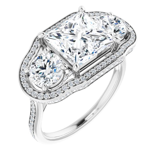 10K White Gold Customizable 3-stone Princess/Square Cut Design with Multi-Halo Enhancement and 150+-stone Pavé Band