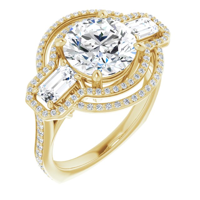 14K Yellow Gold Customizable Enhanced 3-stone Style with Round Cut Center, Emerald Cut Accents, Double Halo and Thin Shared Prong Band