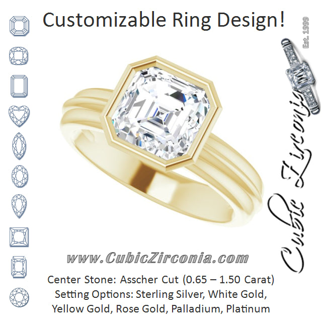 Cubic Zirconia Engagement Ring- The Aretha (Customizable Bezel-set Asscher Cut Solitaire with Grooved Band)