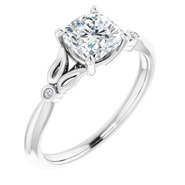 10K White Gold Customizable 3-stone Cushion Cut Design with Thin Band and Twin Round Bezel Side Stones