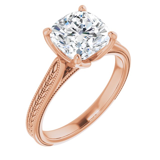 10K Rose Gold Customizable Cushion Cut Solitaire with Wheat-inspired Band 