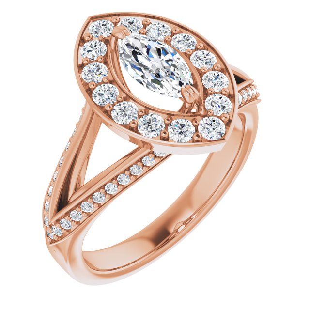 10K Rose Gold Customizable Marquise Cut Center with Large-Accented Halo and Split Shared Prong Band