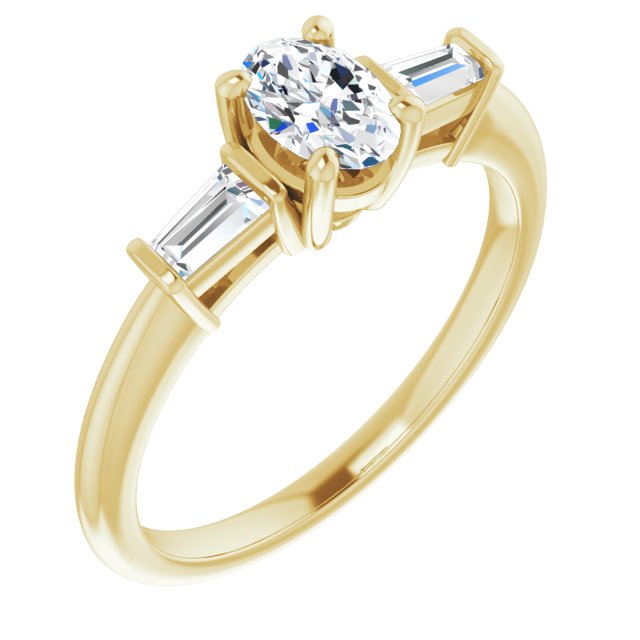 10K Yellow Gold Customizable 3-stone Oval Cut Design with Dual Baguette Accents)