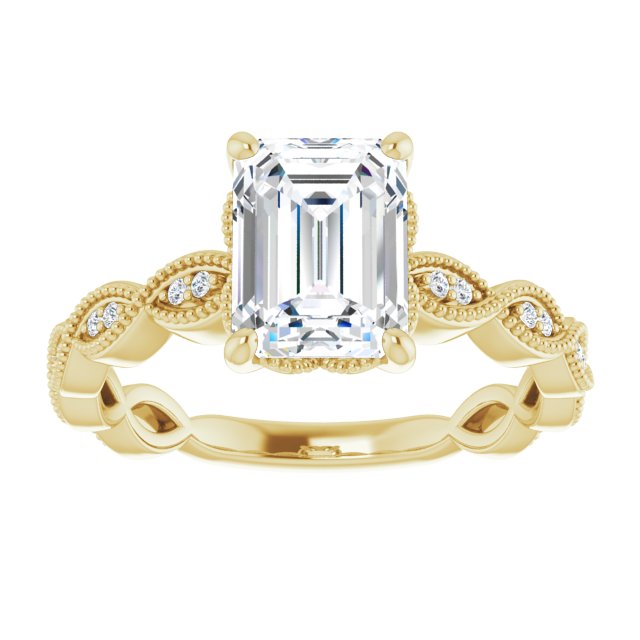 Cubic Zirconia Engagement Ring- The Shanice (Customizable Emerald Cut Artisan Design with Scalloped, Round-Accented Band and Milgrain Detail)