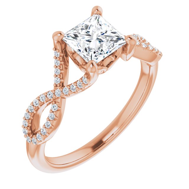 10K Rose Gold Customizable Princess/Square Cut Design with Twisting Infinity-inspired, Pavé Split Band
