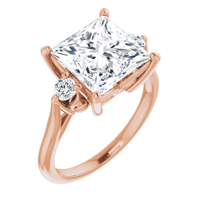 10K Rose Gold Customizable Three-stone Princess/Square Cut Design with Small Round Accents and Vintage Trellis/Basket