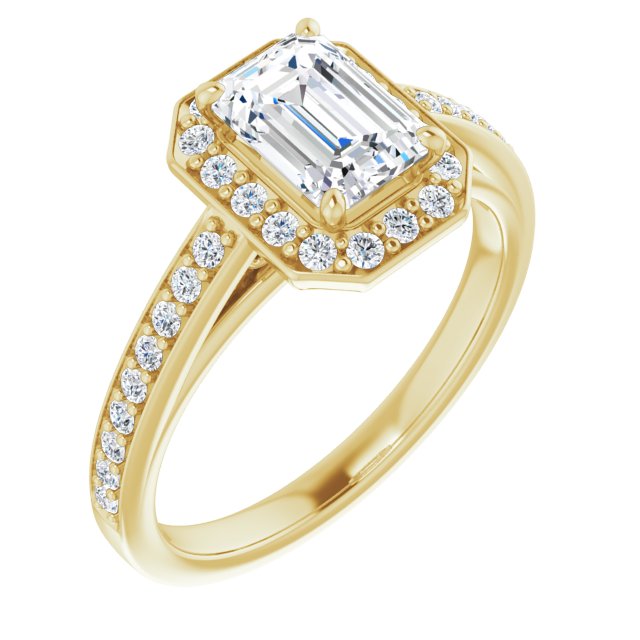 10K Yellow Gold Customizable Emerald/Radiant Cut Style with Halo and Sculptural Trellis