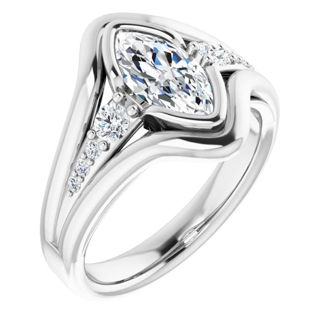 10K White Gold Customizable 9-stone Marquise Cut Design with Bezel Center, Wide Band and Round Prong Side Stones