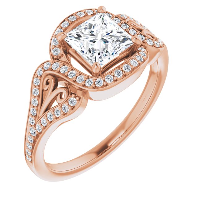 10K Rose Gold Customizable Princess/Square Cut Design with Bypass Halo and Split-Shared Prong Band