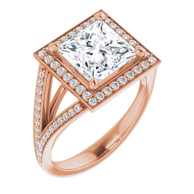 14K Rose Gold Customizable Cathedral-Halo Princess/Square Cut Style featuring Split-Shared Prong Band