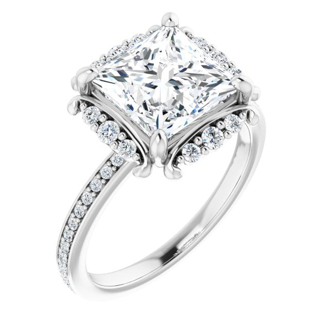 10K White Gold Customizable Princess/Square Cut Style with Halo and Thin Shared Prong Band