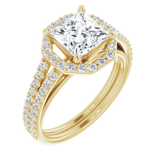 10K Yellow Gold Customizable Cathedral Princess/Square Cut Design with Geometric Halo & Split Pavé Band