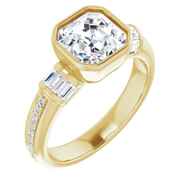Cubic Zirconia Engagement Ring- The Danna (Customizable Cathedral-Bezel Asscher Cut Style with Horizontal Baguettes & Shared Prong Band)