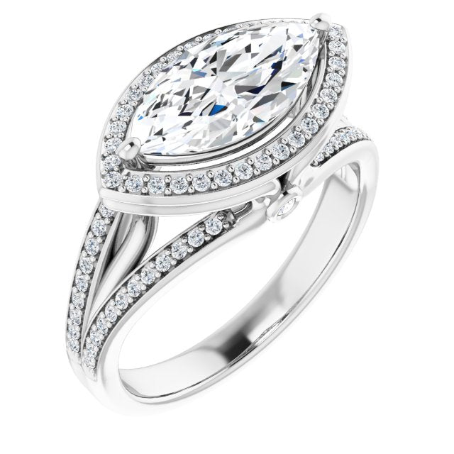 Cubic Zirconia Engagement Ring- The Hanna Jo (Customizable High-set Marquise Cut Design with Halo, Wide Tri-Split Shared Prong Band and Round Bezel Peekaboo Accents)