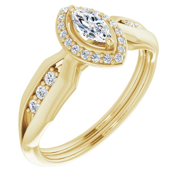 10K Yellow Gold Customizable Cathedral-raised Marquise Cut Design with Halo and Tri-Cluster Band Accents