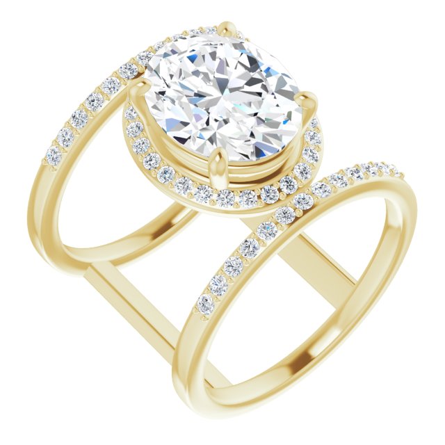 10K Yellow Gold Customizable Oval Cut Halo Design with Open, Ultrawide Harness Double Pavé Band