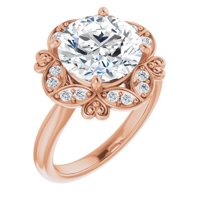 10K Rose Gold Customizable Round Cut Design with Floral Segmented Halo & Sculptural Basket