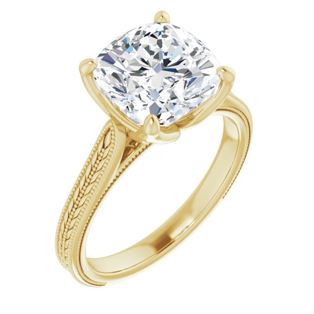 10K Yellow Gold Customizable Cushion Cut Solitaire with Wheat-inspired Band 