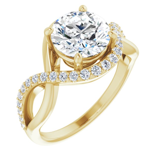 18K Yellow Gold Customizable Round Cut Design with Semi-Accented Twisting Infinity Bypass Split Band and Half-Halo