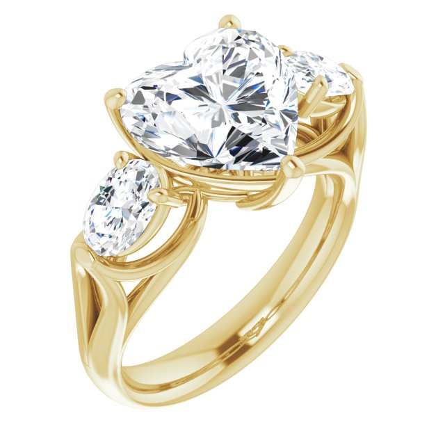 10K Yellow Gold Customizable Cathedral-set 3-stone Heart Cut Style with Dual Oval Cut Accents & Wide Split Band