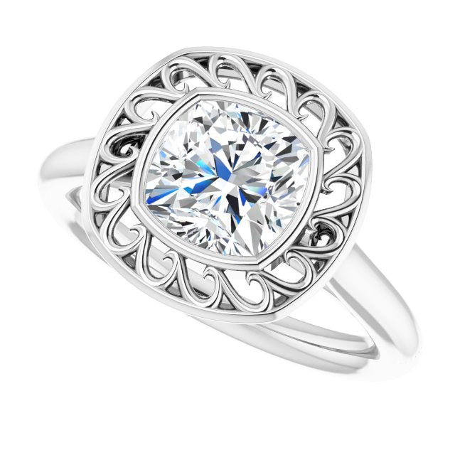 Cubic Zirconia Engagement Ring- The Addie (Customizable Cathedral-Bezel Style Cushion Cut Solitaire with Flowery Filigree)