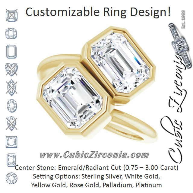 Cubic Zirconia Engagement Ring- The Mirella (Customizable 2-stone Double Bezel Emerald Cut Design with Artisan Bypass Band)